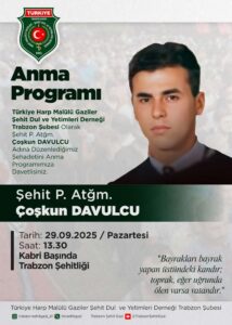 ŞEHİT P. ATĞM. ÇOŞKUN DAVULCU TRABZON’DA ANILACAK