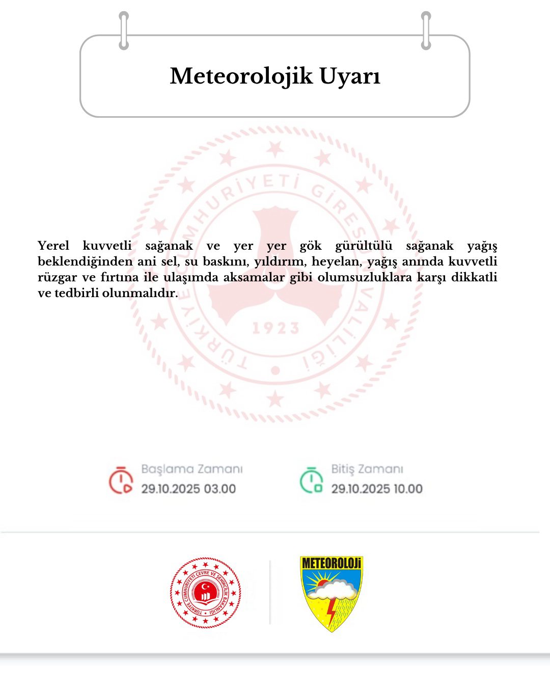 Giresun Valiliği sağanak yağış