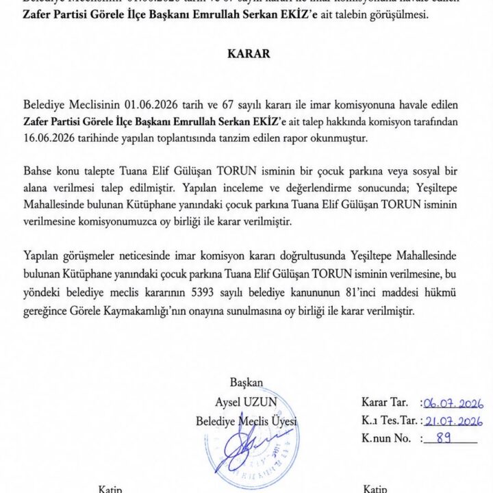 ZAFER PARTİSİ’NİN ÖNERGESİ KABUL EDİLDİ: TUANA ELİF’İN ADI PARKA VERİLDİ