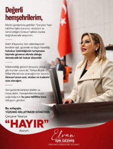YENİ PARTİ GİRESUN MİLLETVEKİLİ ELVAN IŞIK GEZMİŞ’TEN ÇERÇEVE YASA’YA “HAYIR”